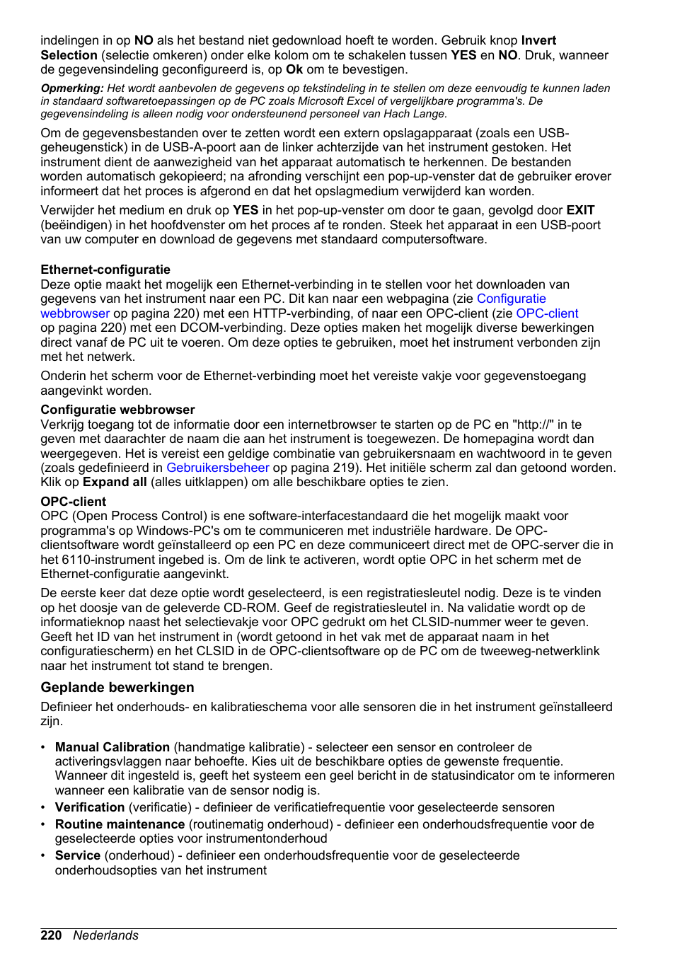 Ethernet-configuratie, Configuratie webbrowser, Opc-client | Geplande bewerkingen, Ethernet-configuratie (zie | Hach-Lange ORBISPHERE 6110 Basic User Manual User Manual | Page 220 / 302