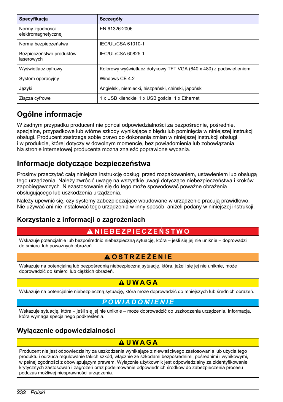 Ogólne informacje, Informacje dotyczące bezpieczeństwa, Korzystanie z informacji o zagrożeniach | Wyłączenie odpowiedzialności | Hach-Lange ORBISPHERE 6110 Basic User Manual User Manual | Page 232 / 302