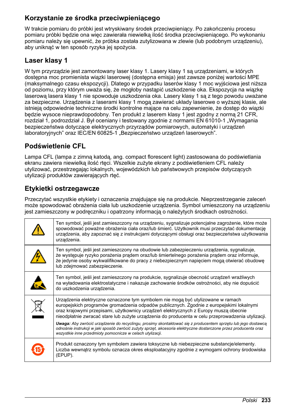 Korzystanie ze środka przeciwpieniącego, Laser klasy 1, Podświetlenie cfl | Etykietki ostrzegawcze | Hach-Lange ORBISPHERE 6110 Basic User Manual User Manual | Page 233 / 302