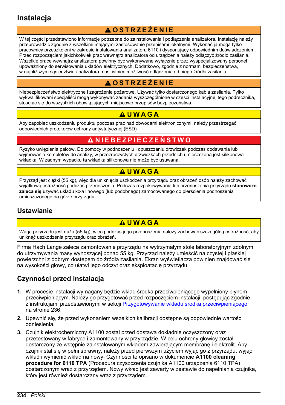 Instalacja, Ustawianie, Czynności przed instalacją | Hach-Lange ORBISPHERE 6110 Basic User Manual User Manual | Page 234 / 302
