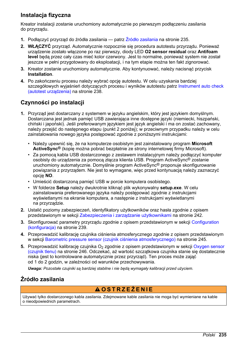 Instalacja fizyczna, Czynności po instalacji, Źródło zasilania | Hach-Lange ORBISPHERE 6110 Basic User Manual User Manual | Page 235 / 302