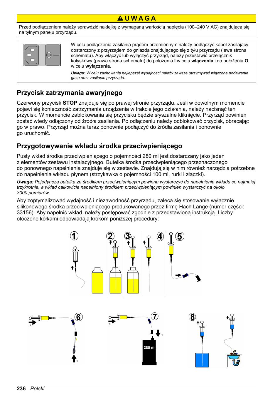 Przycisk zatrzymania awaryjnego, Przygotowywanie wkładu środka przeciwpieniącego | Hach-Lange ORBISPHERE 6110 Basic User Manual User Manual | Page 236 / 302