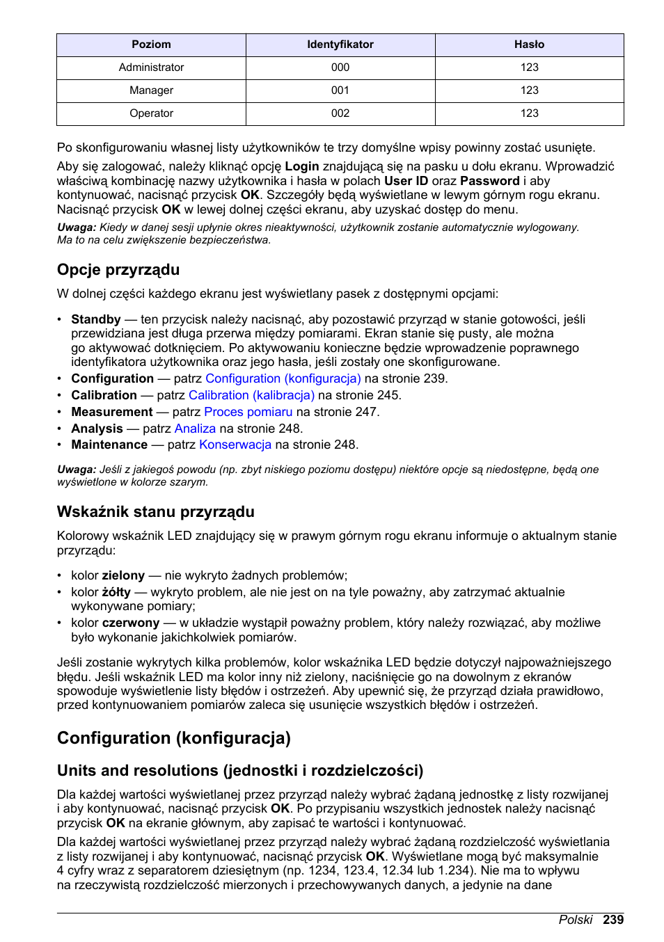 Opcje przyrządu, Wskaźnik stanu przyrządu, Configuration (konfiguracja) | Units and resolutions (jednostki i rozdzielczości), Configuration, Konfiguracja) | Hach-Lange ORBISPHERE 6110 Basic User Manual User Manual | Page 239 / 302
