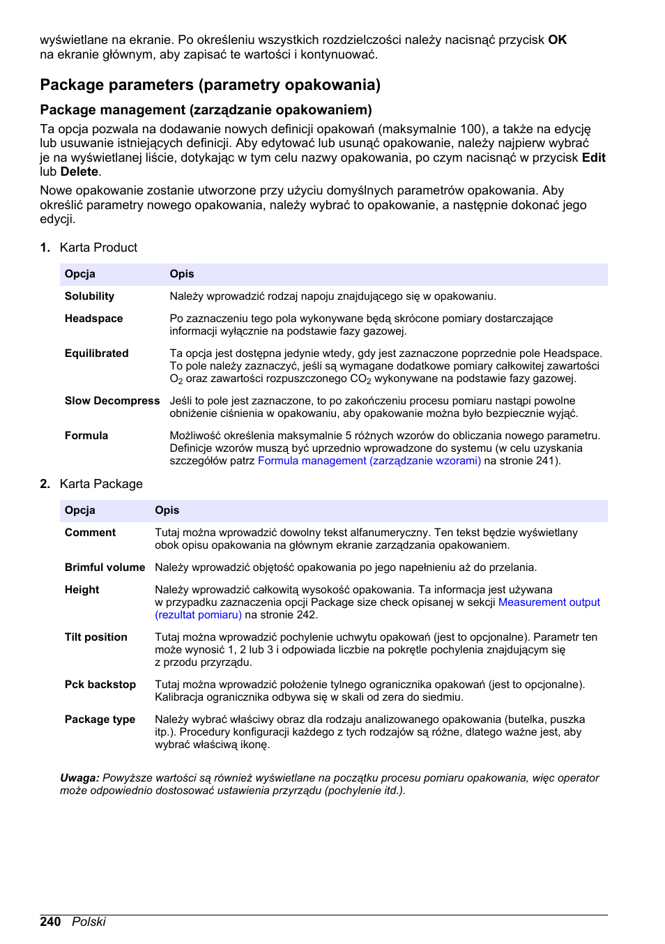 Package parameters (parametry opakowania), Package management (zarządzanie opakowaniem) | Hach-Lange ORBISPHERE 6110 Basic User Manual User Manual | Page 240 / 302