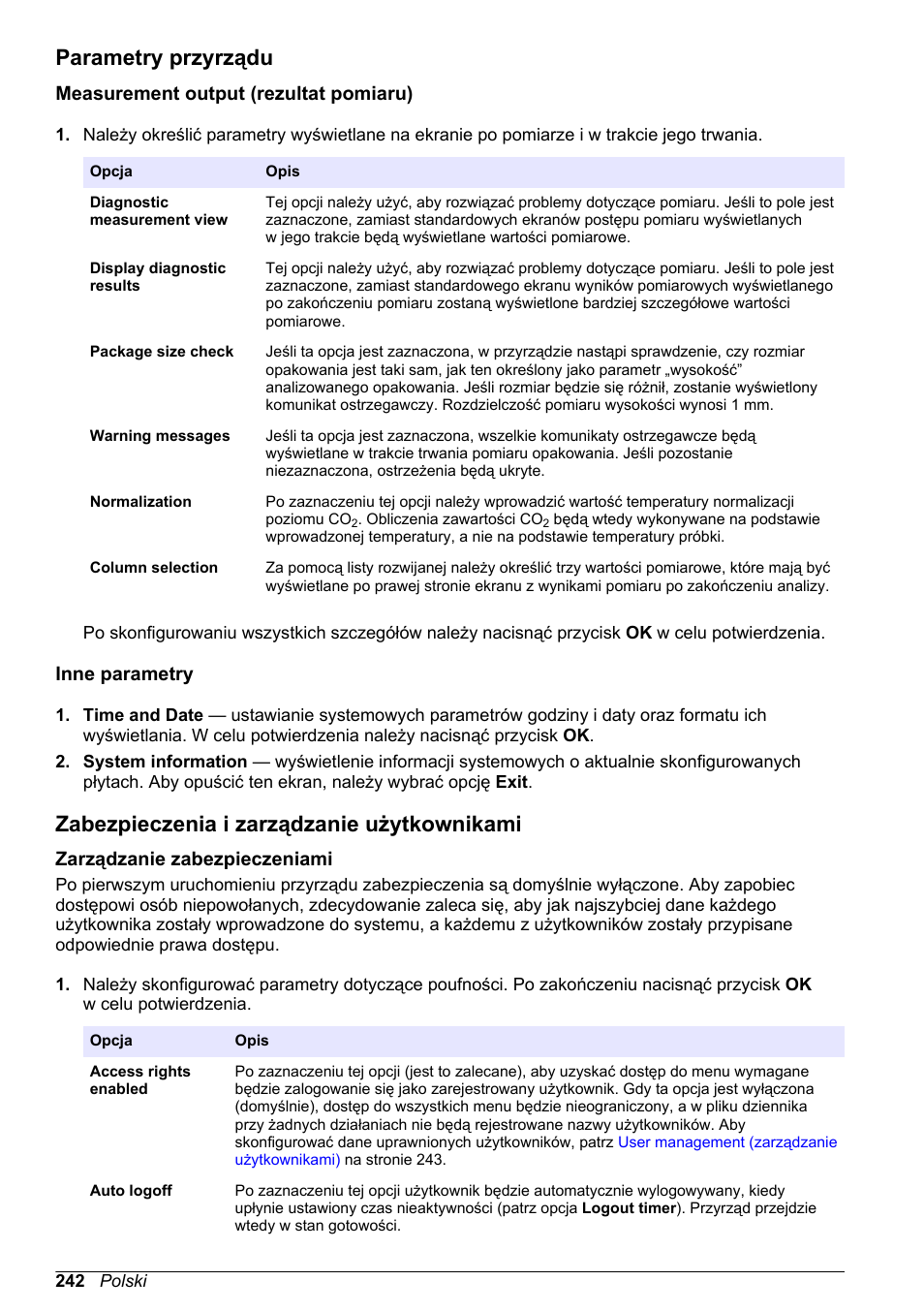 Parametry przyrządu, Measurement output (rezultat pomiaru), Inne parametry | Zabezpieczenia i zarządzanie użytkownikami, Zarządzanie zabezpieczeniami, Przedstawionym w sekcji, Na stronie, Measurement output, Rezultat pomiaru) | Hach-Lange ORBISPHERE 6110 Basic User Manual User Manual | Page 242 / 302