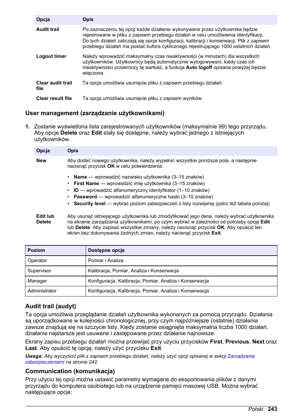 User management (zarządzanie użytkownikami), Audit trail (audyt), Communication (komunikacja) | Hach-Lange ORBISPHERE 6110 Basic User Manual User Manual | Page 243 / 302