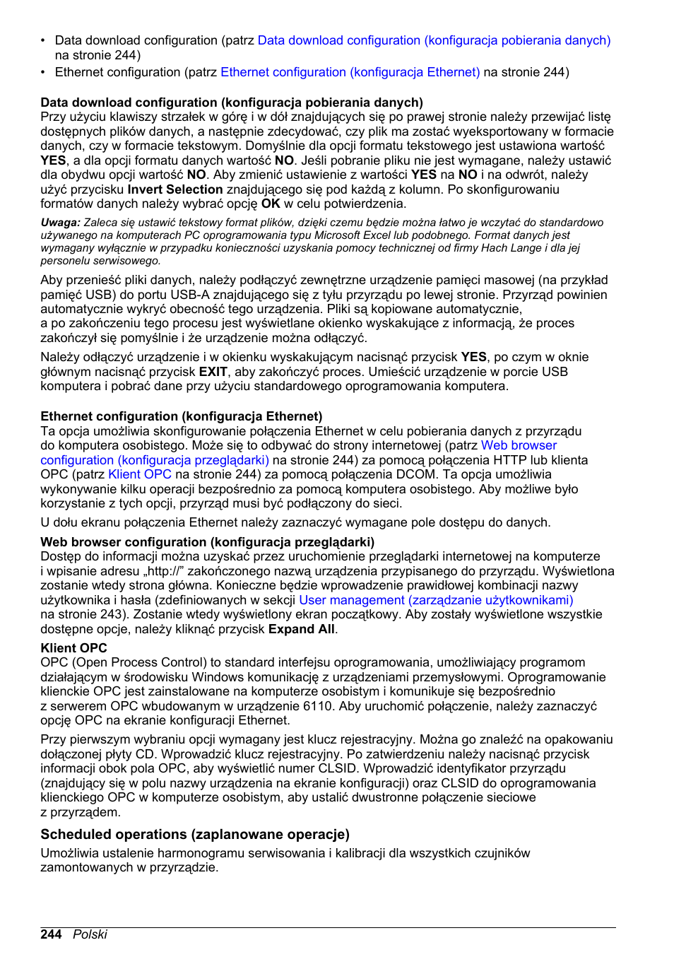 Ethernet configuration (konfiguracja ethernet), Klient opc, Scheduled operations (zaplanowane operacje) | Hach-Lange ORBISPHERE 6110 Basic User Manual User Manual | Page 244 / 302
