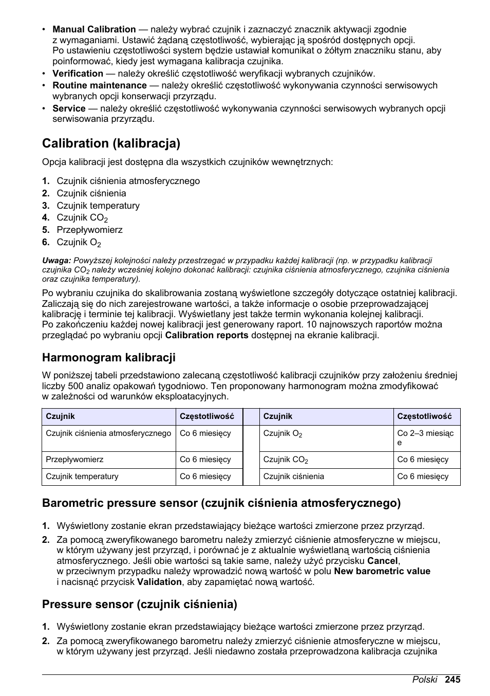 Calibration (kalibracja), Harmonogram kalibracji, Pressure sensor (czujnik ciśnienia) | W sekcji | Hach-Lange ORBISPHERE 6110 Basic User Manual User Manual | Page 245 / 302