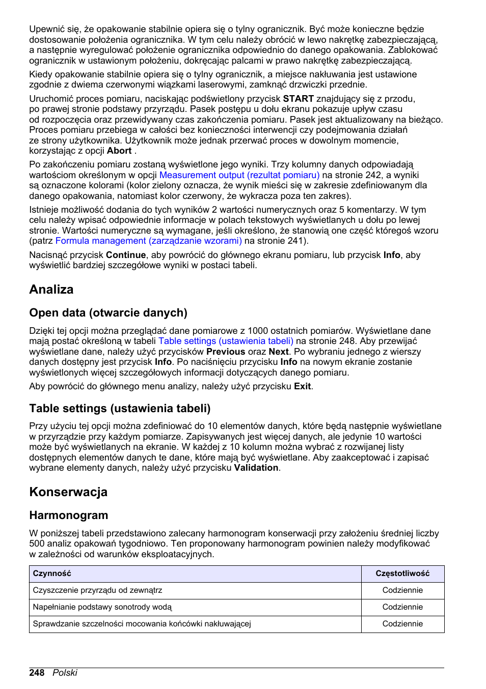 Analiza, Open data (otwarcie danych), Table settings (ustawienia tabeli) | Konserwacja, Harmonogram | Hach-Lange ORBISPHERE 6110 Basic User Manual User Manual | Page 248 / 302