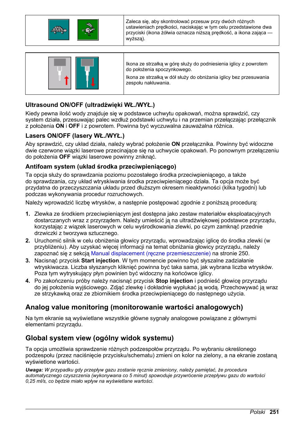 Ultrasound on/‍off (ultradźwięki wł./‍wył.), Lasers on/‍off (lasery wł./‍wył.), Antifoam system (układ środka przeciwpieniącego) | Global system view (ogólny widok systemu) | Hach-Lange ORBISPHERE 6110 Basic User Manual User Manual | Page 251 / 302