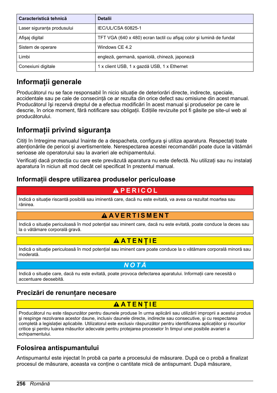 Informaţii generale, Informaţii privind siguranţa, Precizări de renunţare necesare | Folosirea antispumantului, N o t ã | Hach-Lange ORBISPHERE 6110 Basic User Manual User Manual | Page 256 / 302
