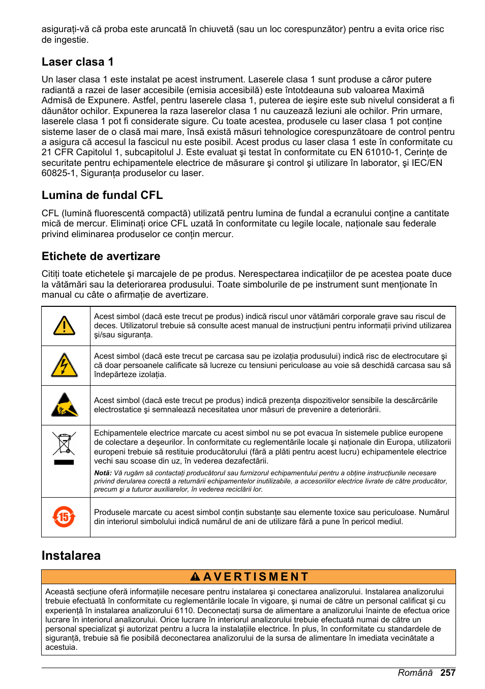 Laser clasa 1, Lumina de fundal cfl, Etichete de avertizare | Instalarea | Hach-Lange ORBISPHERE 6110 Basic User Manual User Manual | Page 257 / 302