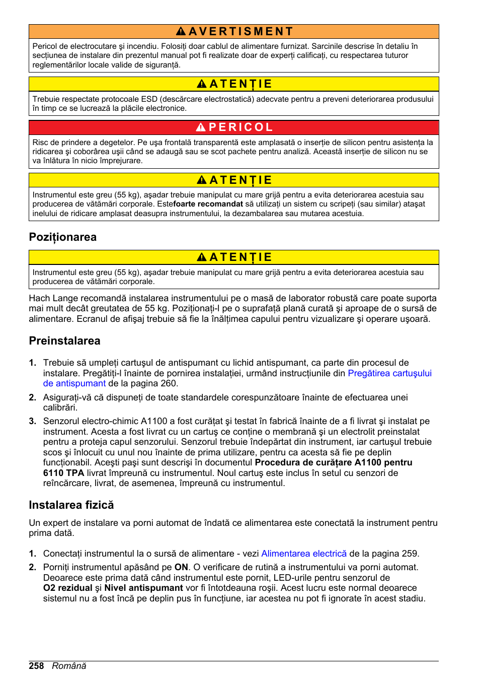 Poziţionarea, Preinstalarea, Instalarea fizică | Hach-Lange ORBISPHERE 6110 Basic User Manual User Manual | Page 258 / 302