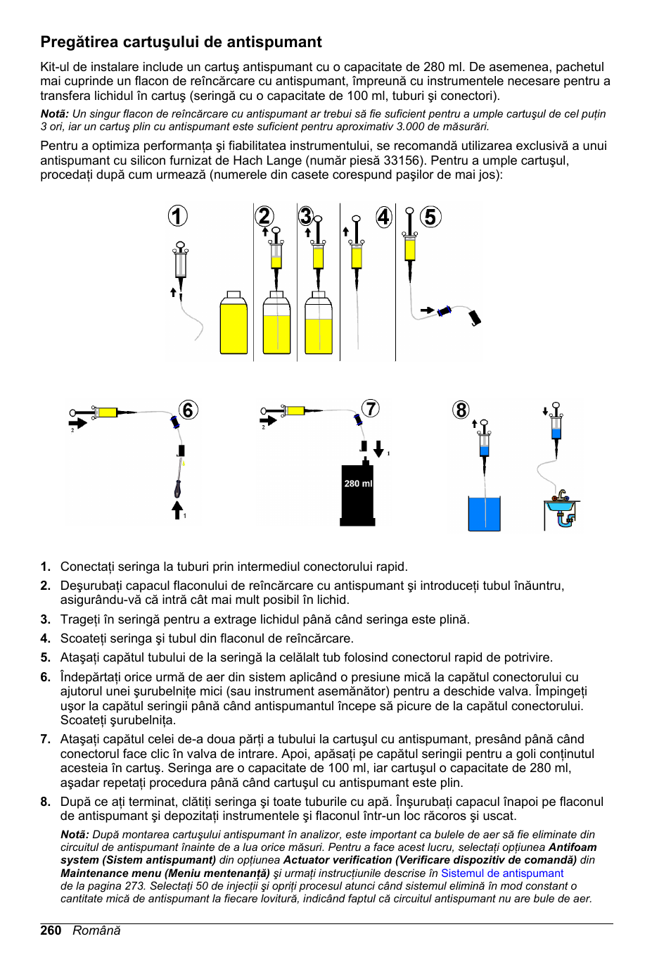 Pregătirea cartuşului de antispumant, Pregătirea cartuşului, De antispumant | Hach-Lange ORBISPHERE 6110 Basic User Manual User Manual | Page 260 / 302