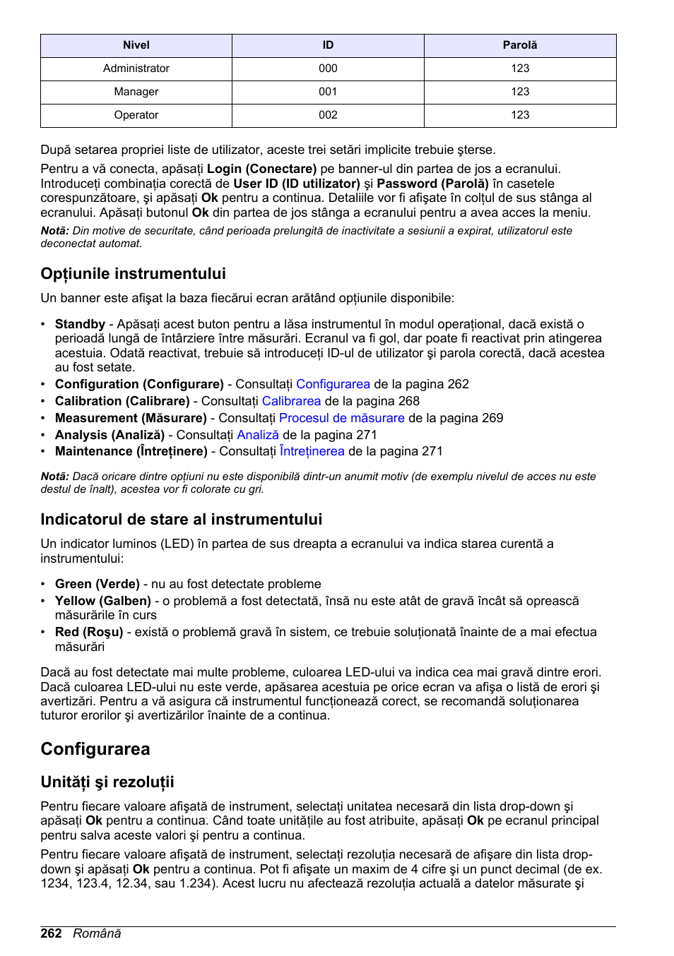 Opţiunile instrumentului, Indicatorul de stare al instrumentului, Configurarea | Unităţi şi rezoluţii | Hach-Lange ORBISPHERE 6110 Basic User Manual User Manual | Page 262 / 302