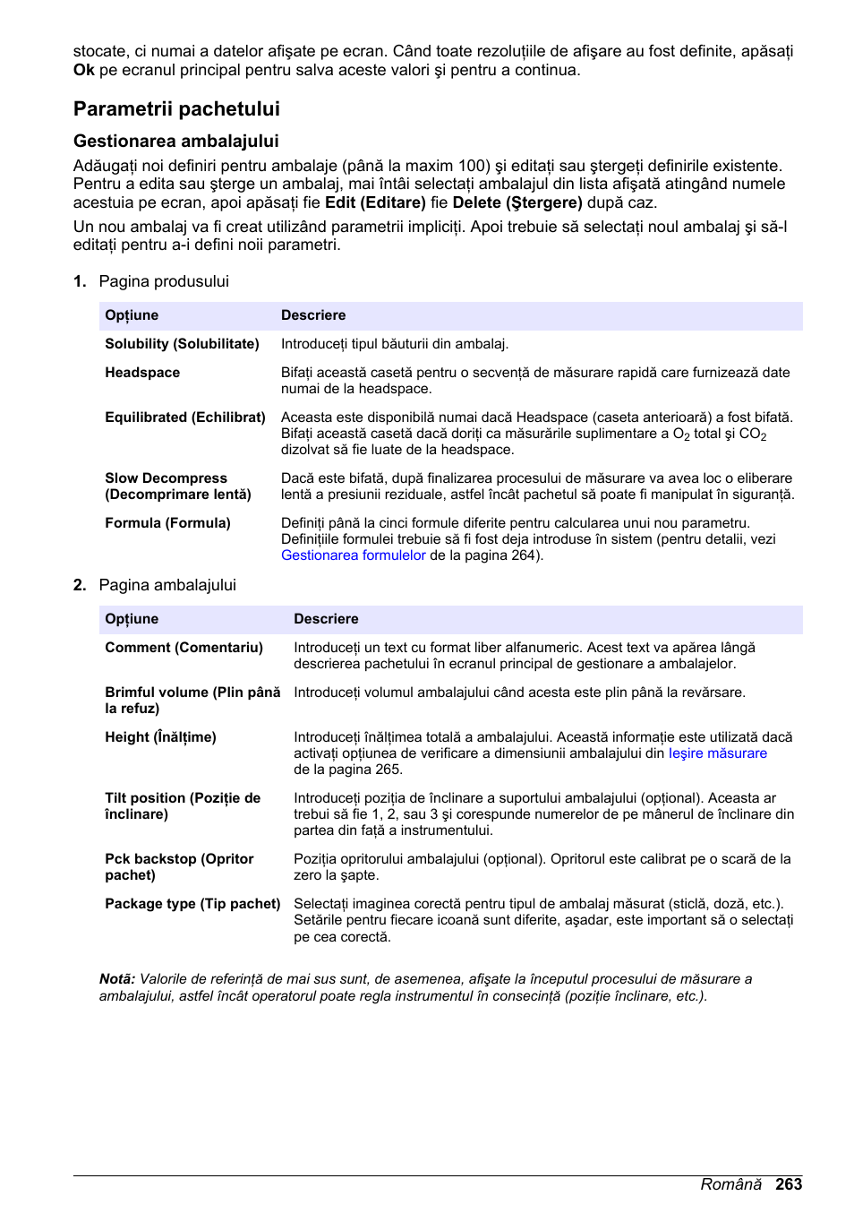 Parametrii pachetului, Gestionarea ambalajului | Hach-Lange ORBISPHERE 6110 Basic User Manual User Manual | Page 263 / 302