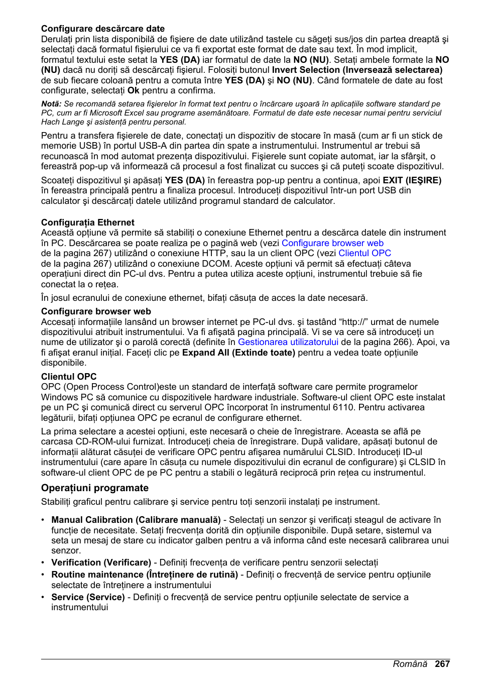 Configurare descărcare date, Configuraţia ethernet, Configurare browser web | Clientul opc, Operaţiuni programate, Configurare descărcare date (vezi | Hach-Lange ORBISPHERE 6110 Basic User Manual User Manual | Page 267 / 302