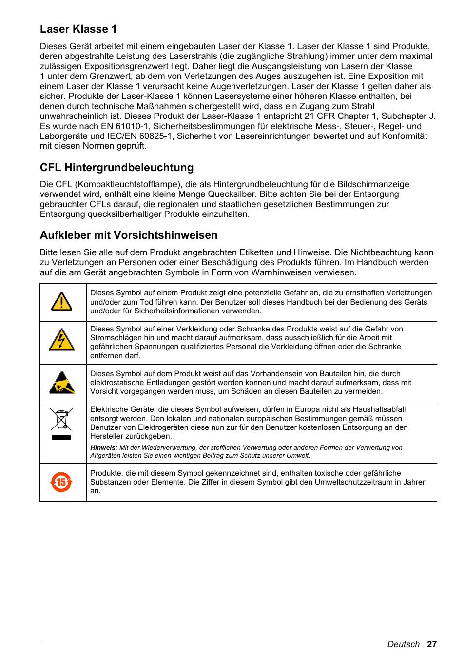 Laser klasse 1, Cfl hintergrundbeleuchtung, Aufkleber mit vorsichtshinweisen | Hach-Lange ORBISPHERE 6110 Basic User Manual User Manual | Page 27 / 302