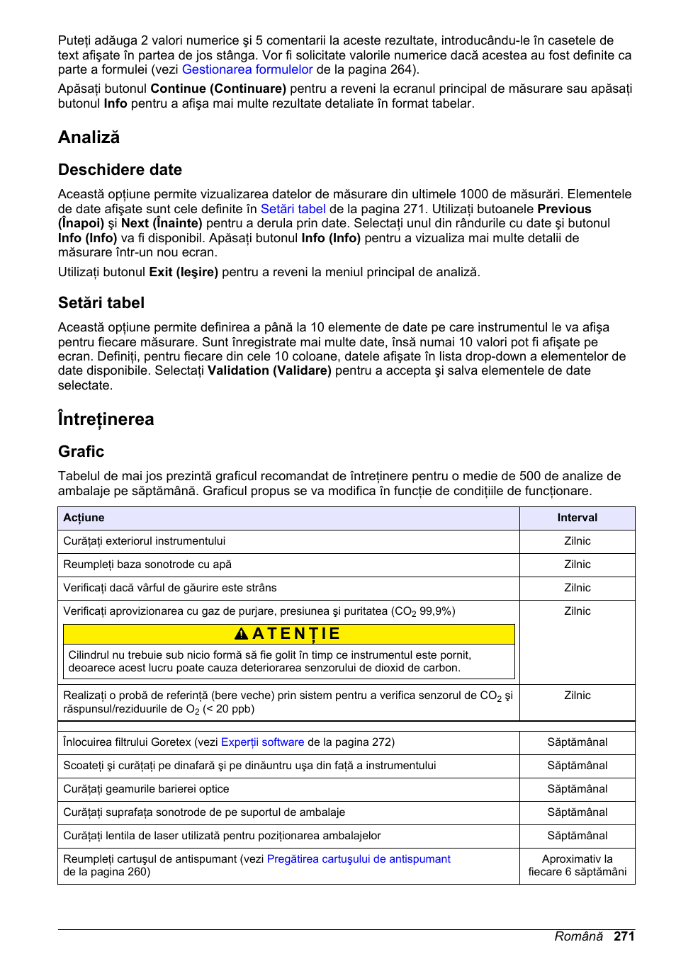 Analiză, Deschidere date, Setări tabel | Întreţinerea, Grafic, Consultaţi | Hach-Lange ORBISPHERE 6110 Basic User Manual User Manual | Page 271 / 302