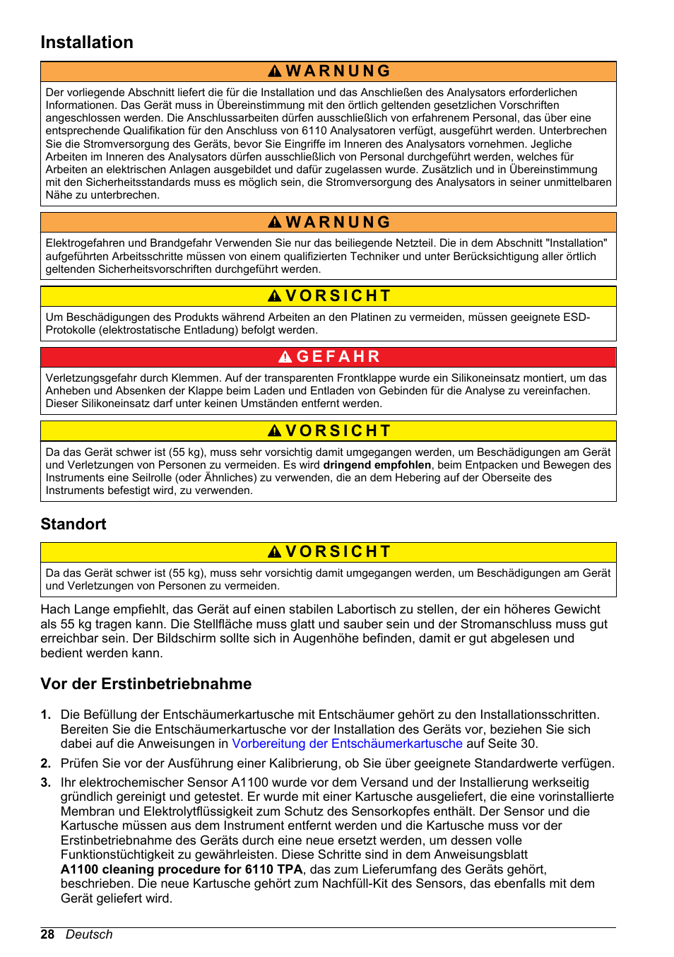 Installation, Standort, Vor der erstinbetriebnahme | Hach-Lange ORBISPHERE 6110 Basic User Manual User Manual | Page 28 / 302