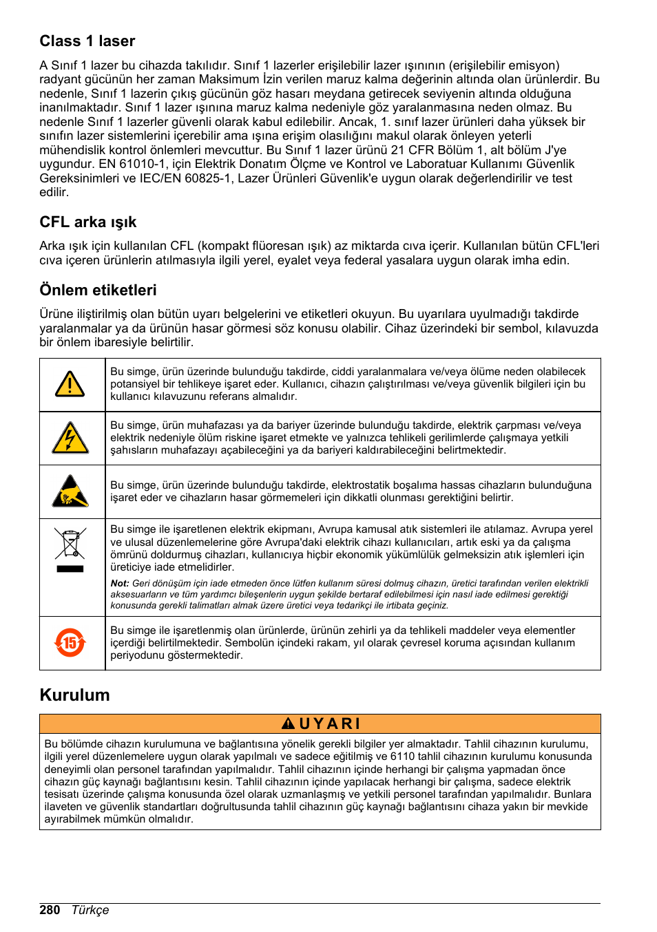 Class 1 laser, Cfl arka ışık, Önlem etiketleri | Kurulum | Hach-Lange ORBISPHERE 6110 Basic User Manual User Manual | Page 280 / 302