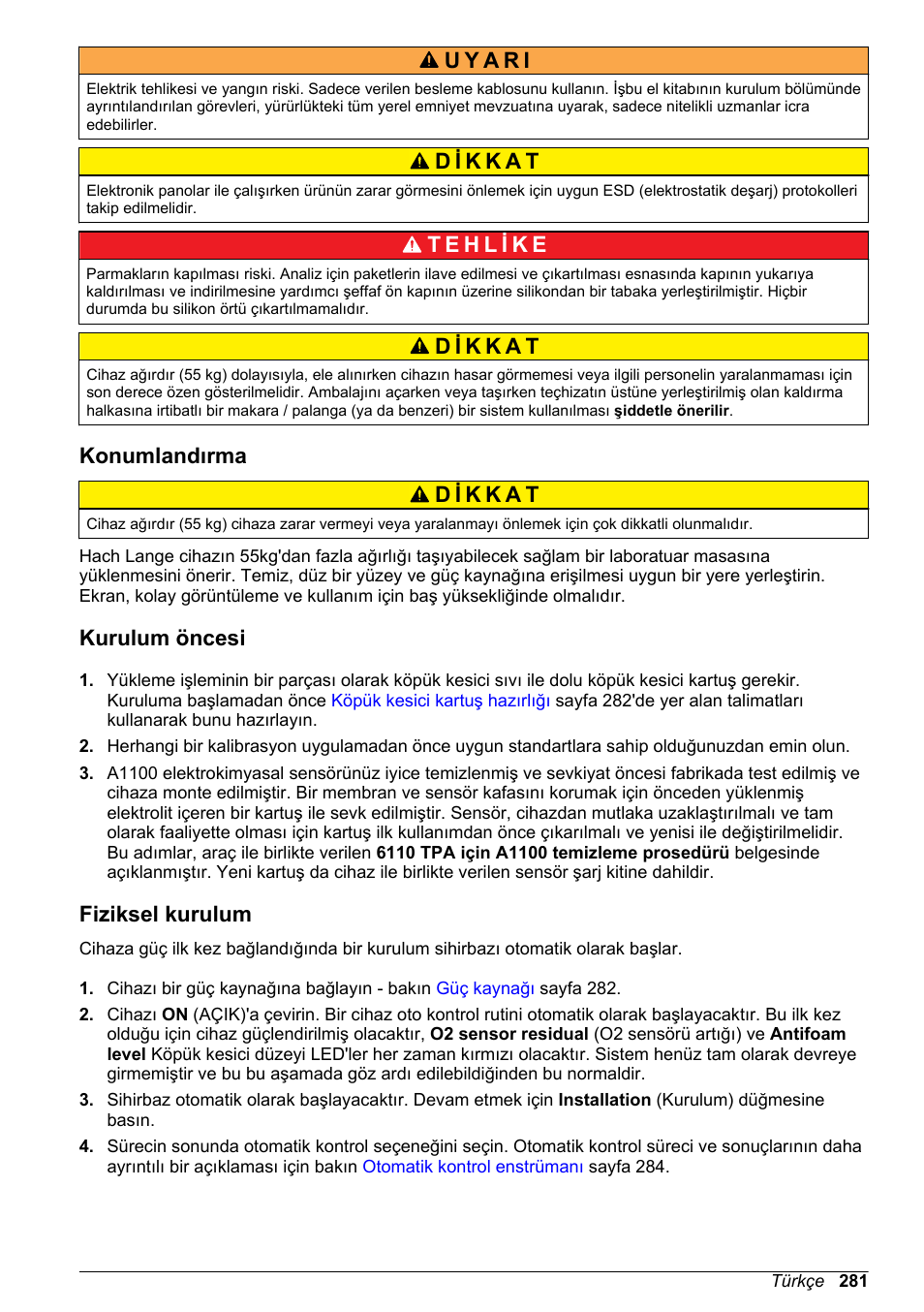 Konumlandırma, Kurulum öncesi, Fiziksel kurulum | Hach-Lange ORBISPHERE 6110 Basic User Manual User Manual | Page 281 / 302