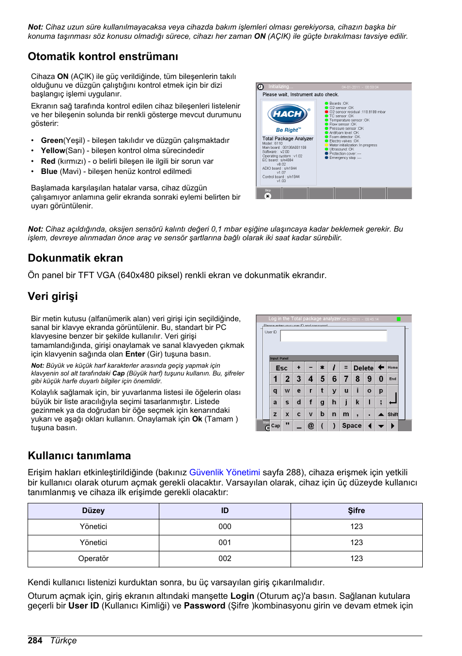 Otomatik kontrol enstrümanı, Dokunmatik ekran, Veri girişi | Kullanıcı tanımlama | Hach-Lange ORBISPHERE 6110 Basic User Manual User Manual | Page 284 / 302