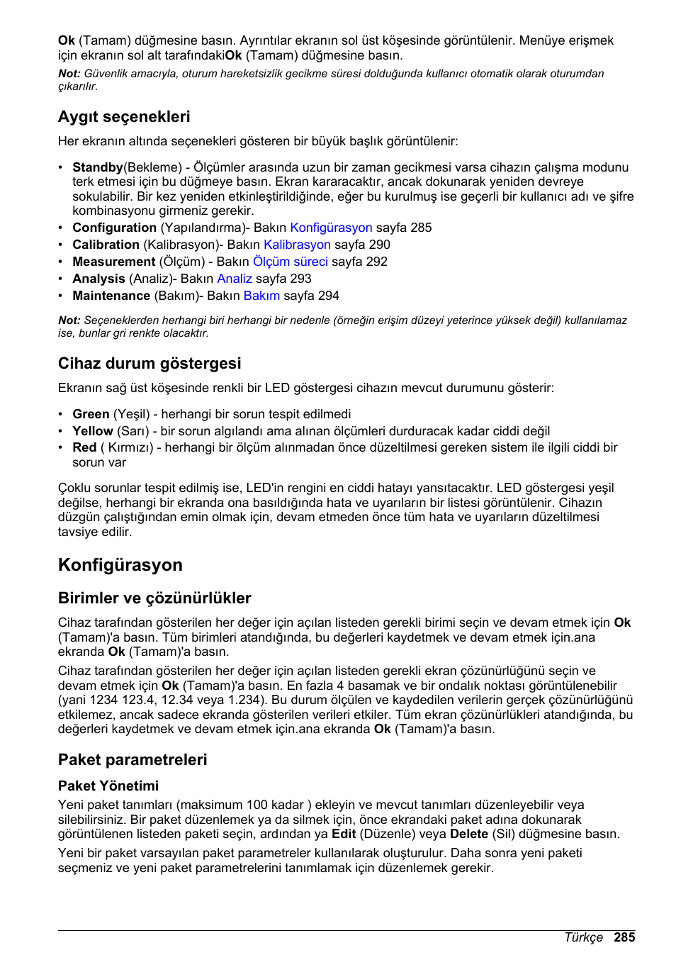 Aygıt seçenekleri, Cihaz durum göstergesi, Konfigürasyon | Birimler ve çözünürlükler, Paket parametreleri, Paket yönetimi | Hach-Lange ORBISPHERE 6110 Basic User Manual User Manual | Page 285 / 302