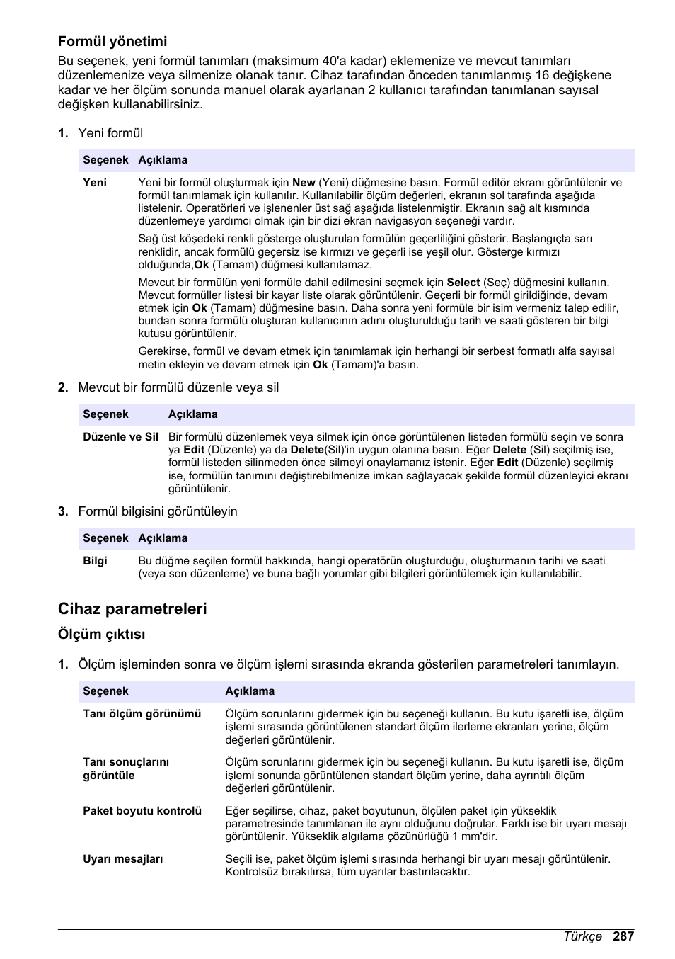 Formül yönetimi, Cihaz parametreleri, Ölçüm çıktısı | Formül, Yönetimi, Paketin genel yüksekliğini girin. bu bilgiler | Hach-Lange ORBISPHERE 6110 Basic User Manual User Manual | Page 287 / 302