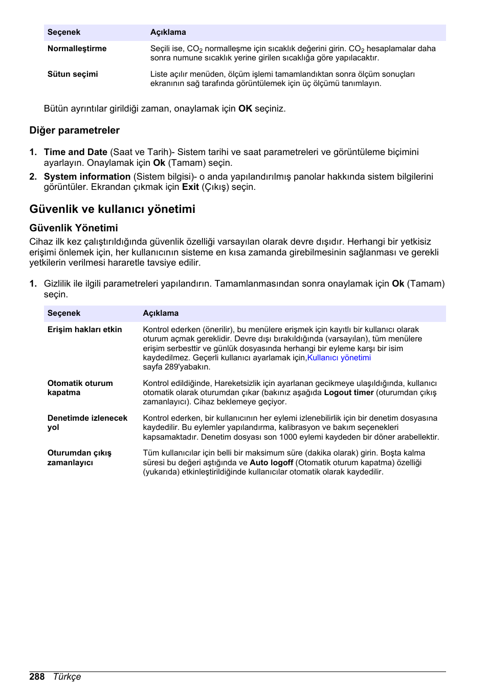 Diğer parametreler, Güvenlik ve kullanıcı yönetimi, Güvenlik yönetimi | Hach-Lange ORBISPHERE 6110 Basic User Manual User Manual | Page 288 / 302