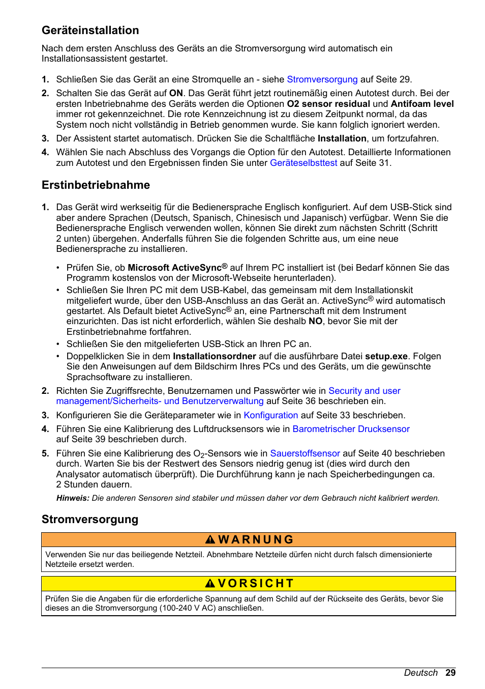 Geräteinstallation, Erstinbetriebnahme, Stromversorgung | Hach-Lange ORBISPHERE 6110 Basic User Manual User Manual | Page 29 / 302