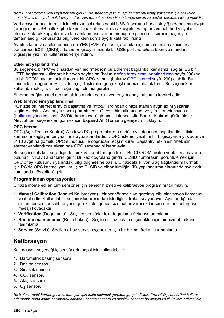 Ethernet yapılandırma, Web tarayıcısını yapılandırma, Opc istemci | Programlanan operasyonlar, Kalibrasyon, Sayfa 290, Sayfa 290) | Hach-Lange ORBISPHERE 6110 Basic User Manual User Manual | Page 290 / 302