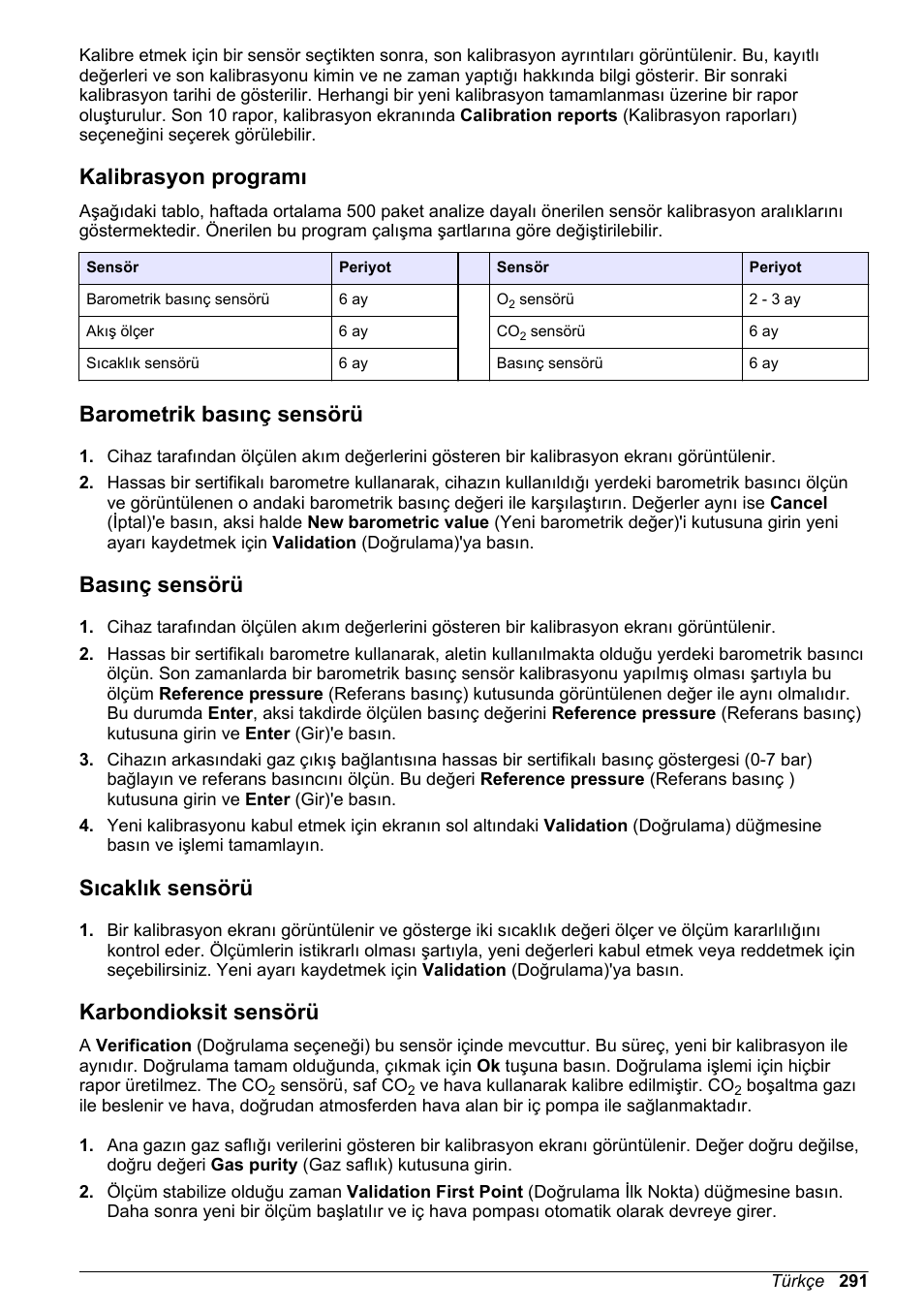 Kalibrasyon programı, Barometrik basınç sensörü, Basınç sensörü | Sıcaklık sensörü, Karbondioksit sensörü | Hach-Lange ORBISPHERE 6110 Basic User Manual User Manual | Page 291 / 302