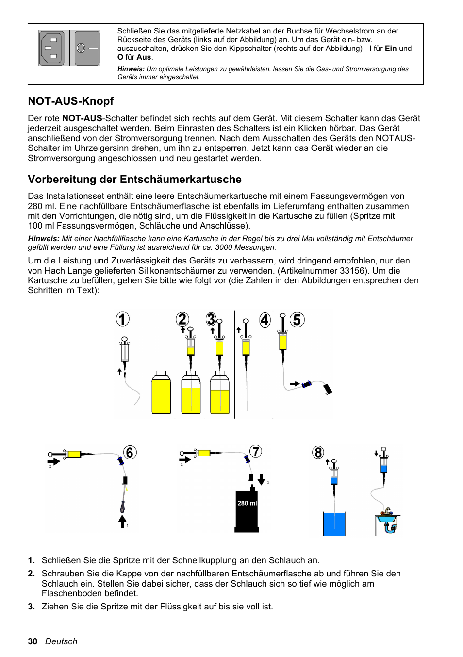 Not-aus-knopf, Vorbereitung der entschäumerkartusche | Hach-Lange ORBISPHERE 6110 Basic User Manual User Manual | Page 30 / 302