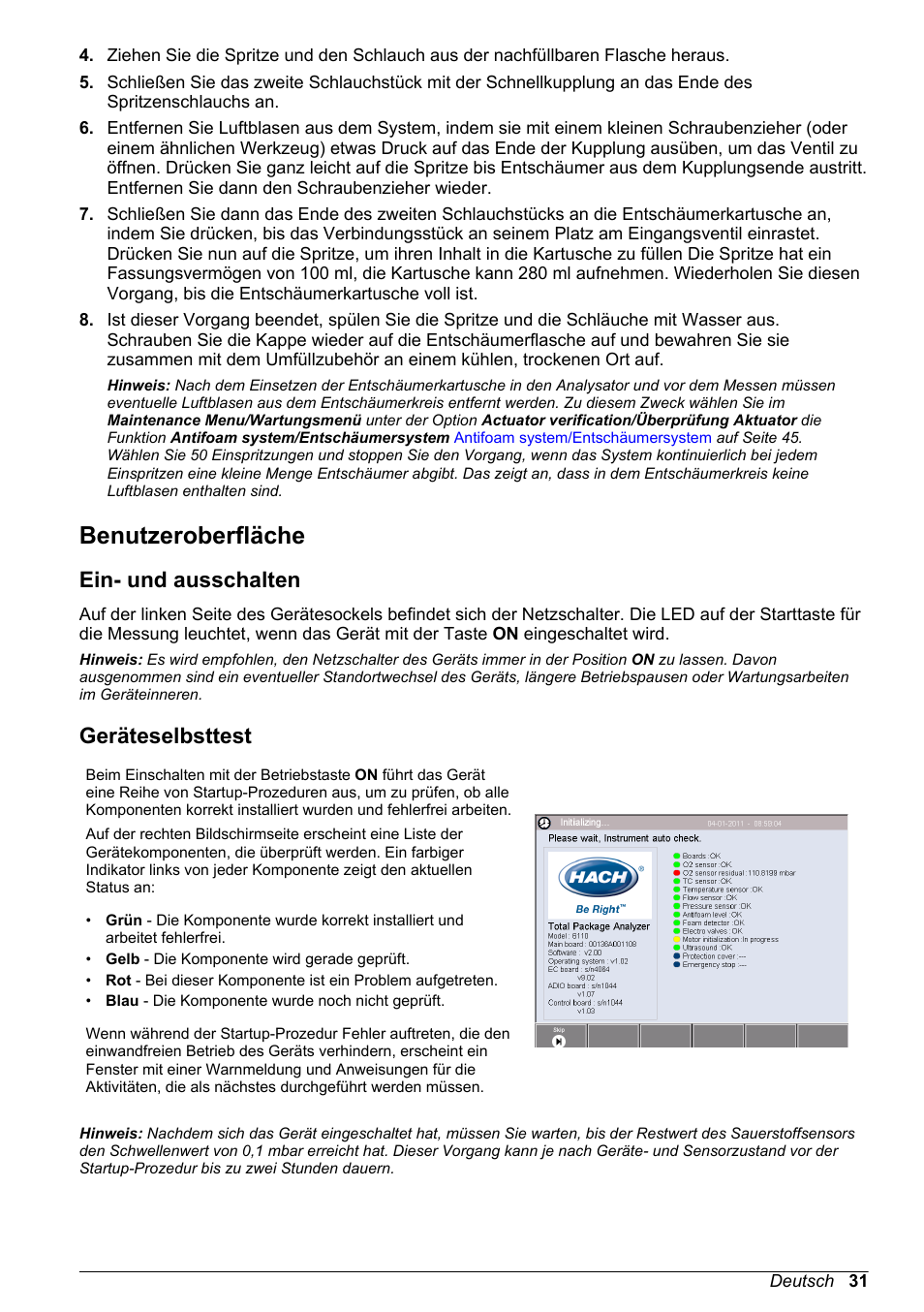 Benutzeroberfläche, Ein- und ausschalten, Geräteselbsttest | Auf seite 31 | Hach-Lange ORBISPHERE 6110 Basic User Manual User Manual | Page 31 / 302