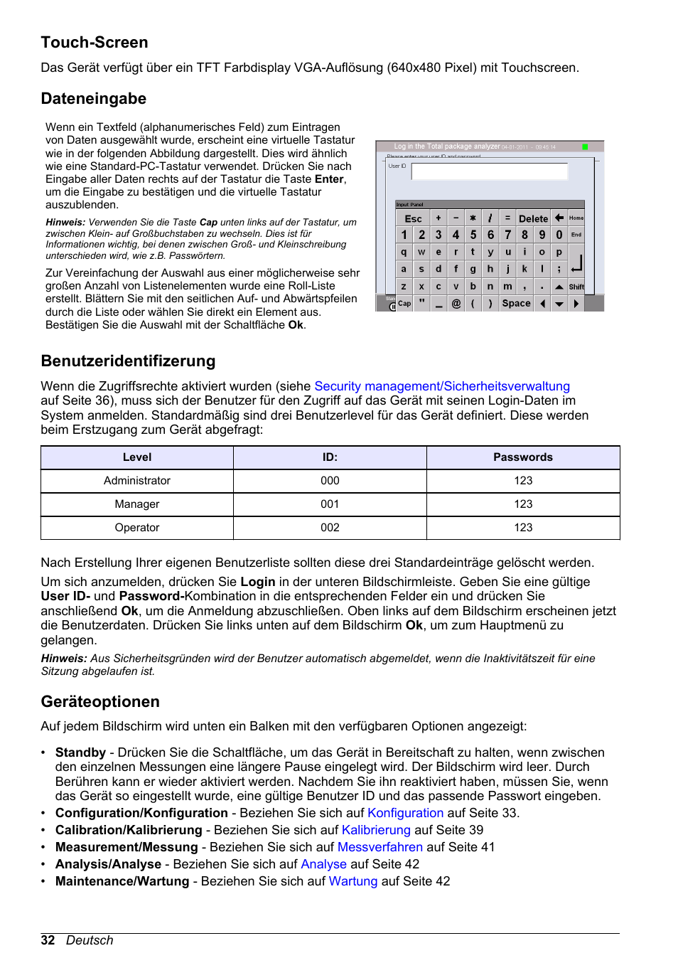 Touch-screen, Dateneingabe, Benutzeridentifizerung | Geräteoptionen | Hach-Lange ORBISPHERE 6110 Basic User Manual User Manual | Page 32 / 302