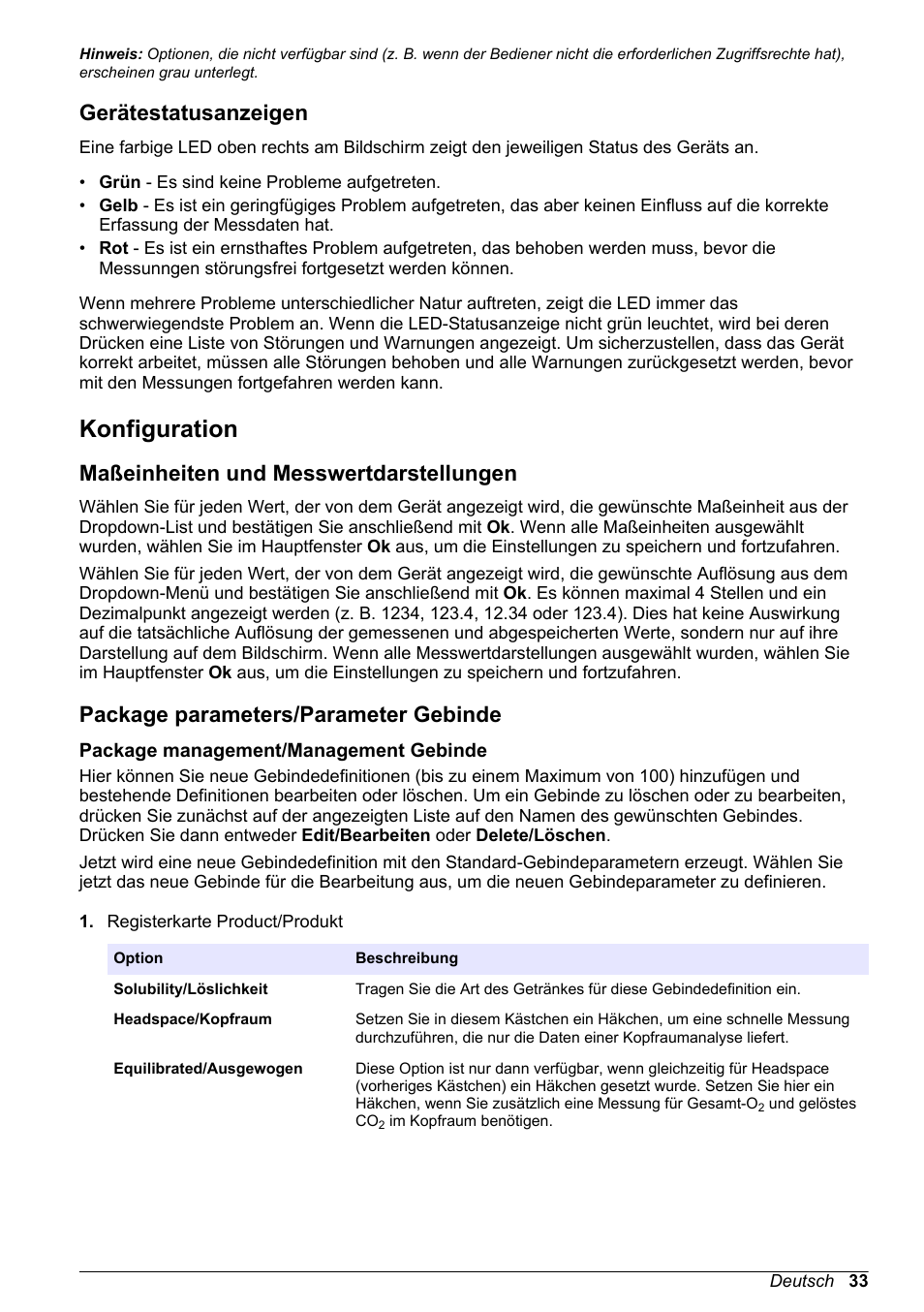 Gerätestatusanzeigen, Konfiguration, Maßeinheiten und messwertdarstellungen | Package parameters/parameter gebinde, Package management/management gebinde, Konfigurieren sie die geräteparameter wie in, Auf seite 33, Package parameters/parameter gebinde | Hach-Lange ORBISPHERE 6110 Basic User Manual User Manual | Page 33 / 302