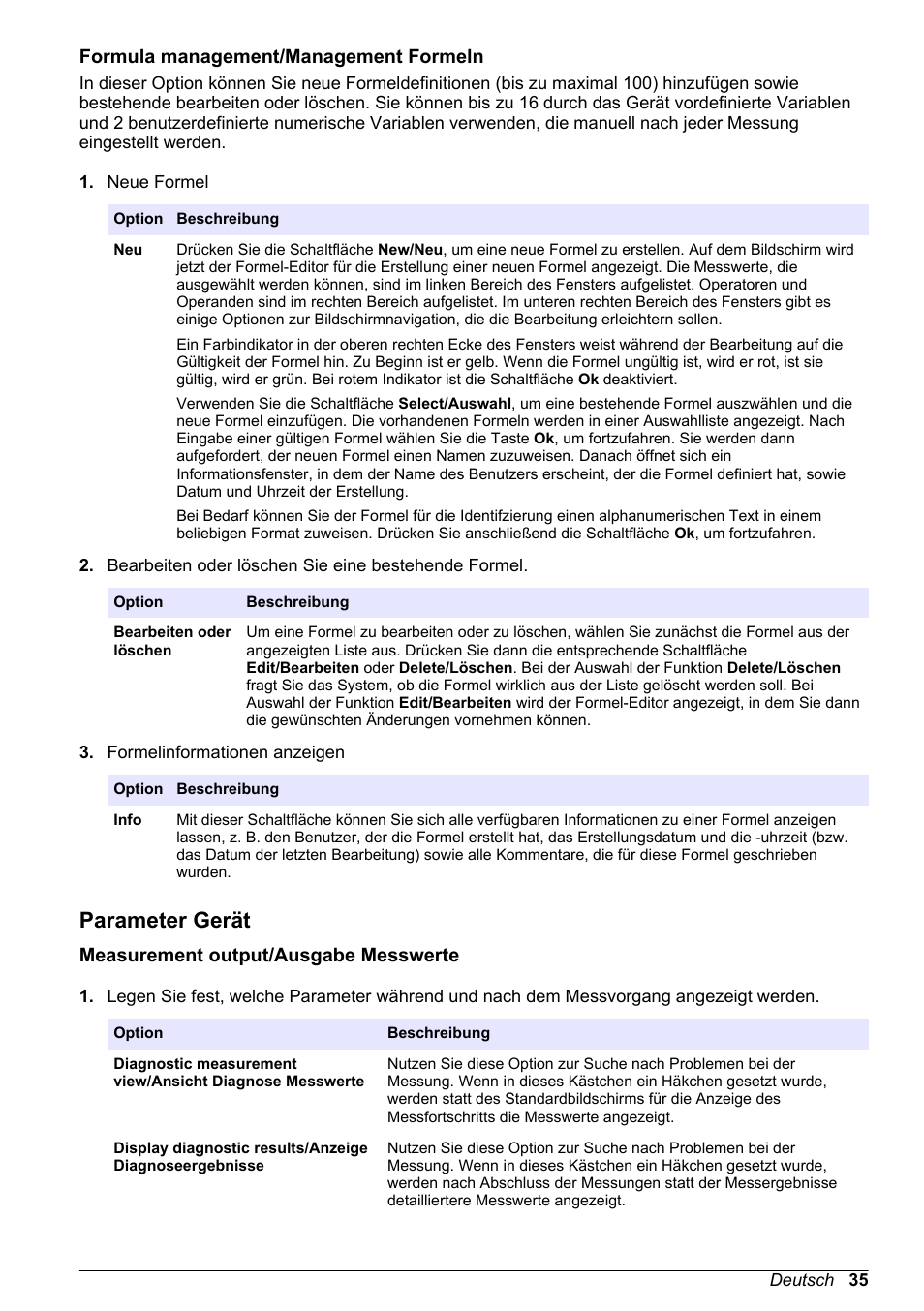 Formula management/‍management formeln, Parameter gerät, Measurement output/‍ausgabe messwerte | Formula management/management formeln, Auf seite 35), Verwendet, wenn in, Measurement output/ausgabe messwerte | Hach-Lange ORBISPHERE 6110 Basic User Manual User Manual | Page 35 / 302