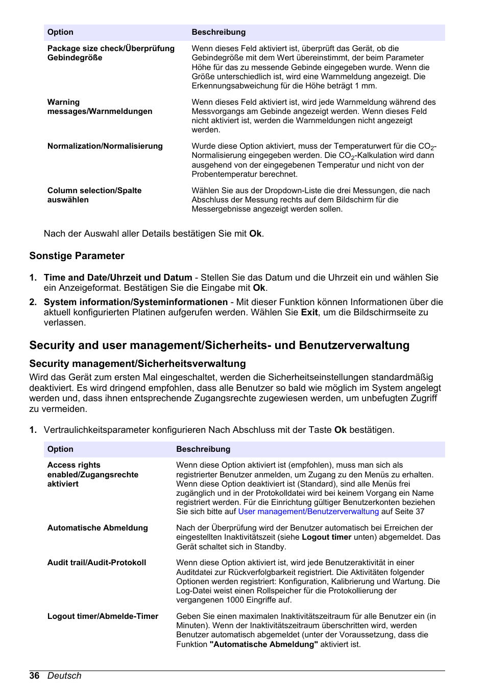 Sonstige parameter, Security management/‍sicherheitsverwaltung, Security and user | Management/sicherheits- und benutzerverwaltung, Security management/sicherheitsverwaltung | Hach-Lange ORBISPHERE 6110 Basic User Manual User Manual | Page 36 / 302