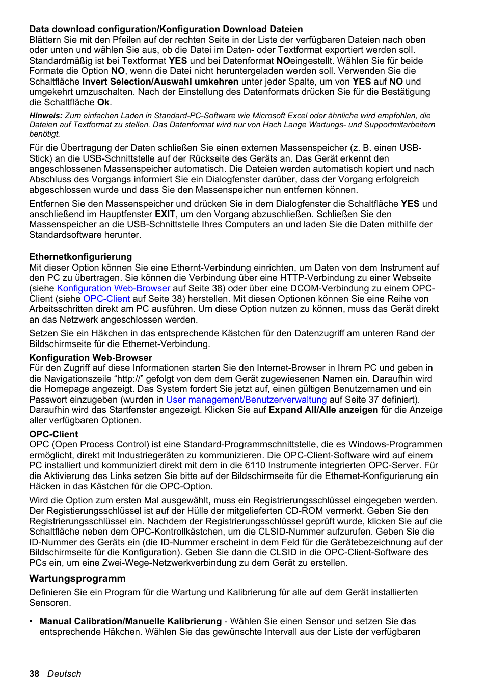 Ethernetkonfigurierung, Konfiguration web-browser, Opc-client | Wartungsprogramm, Data download configuration, Konfiguration download dateien, Auf seite 38) | Hach-Lange ORBISPHERE 6110 Basic User Manual User Manual | Page 38 / 302