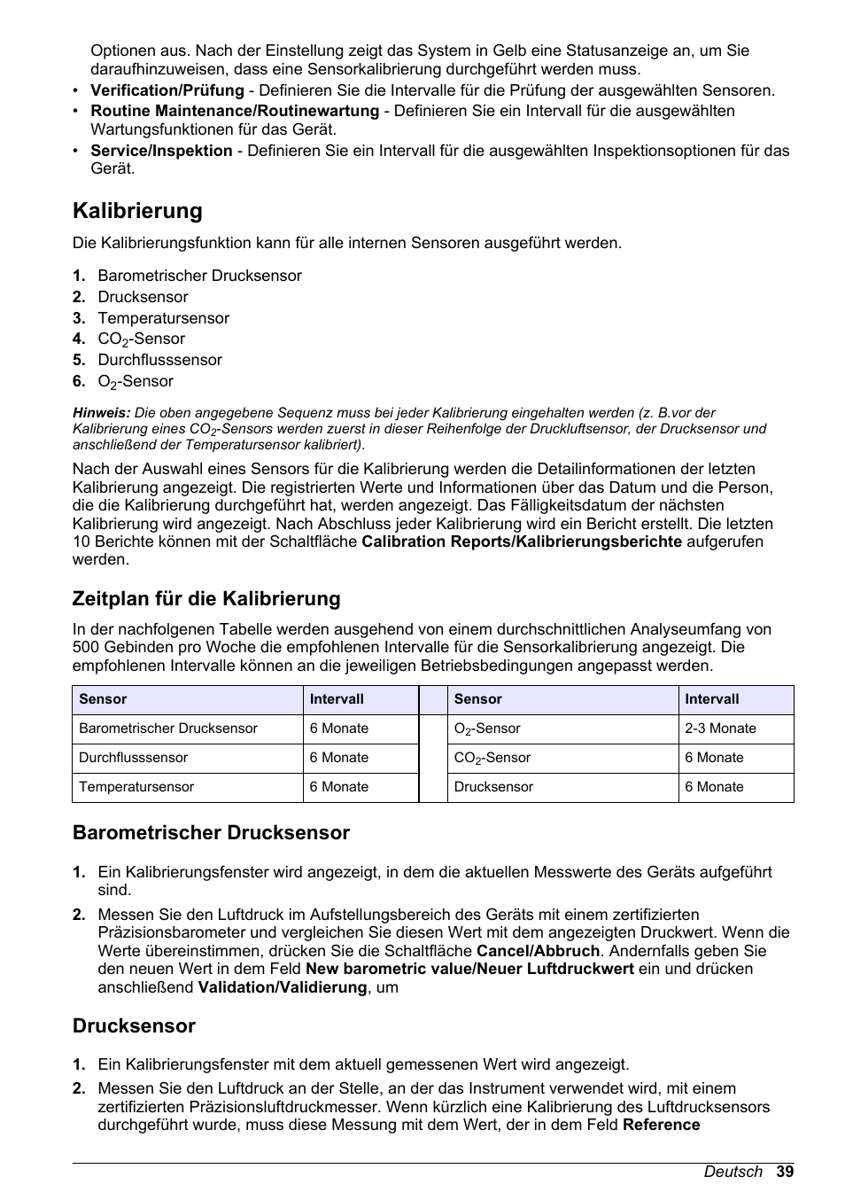 Kalibrierung, Zeitplan für die kalibrierung, Barometrischer drucksensor | Drucksensor | Hach-Lange ORBISPHERE 6110 Basic User Manual User Manual | Page 39 / 302