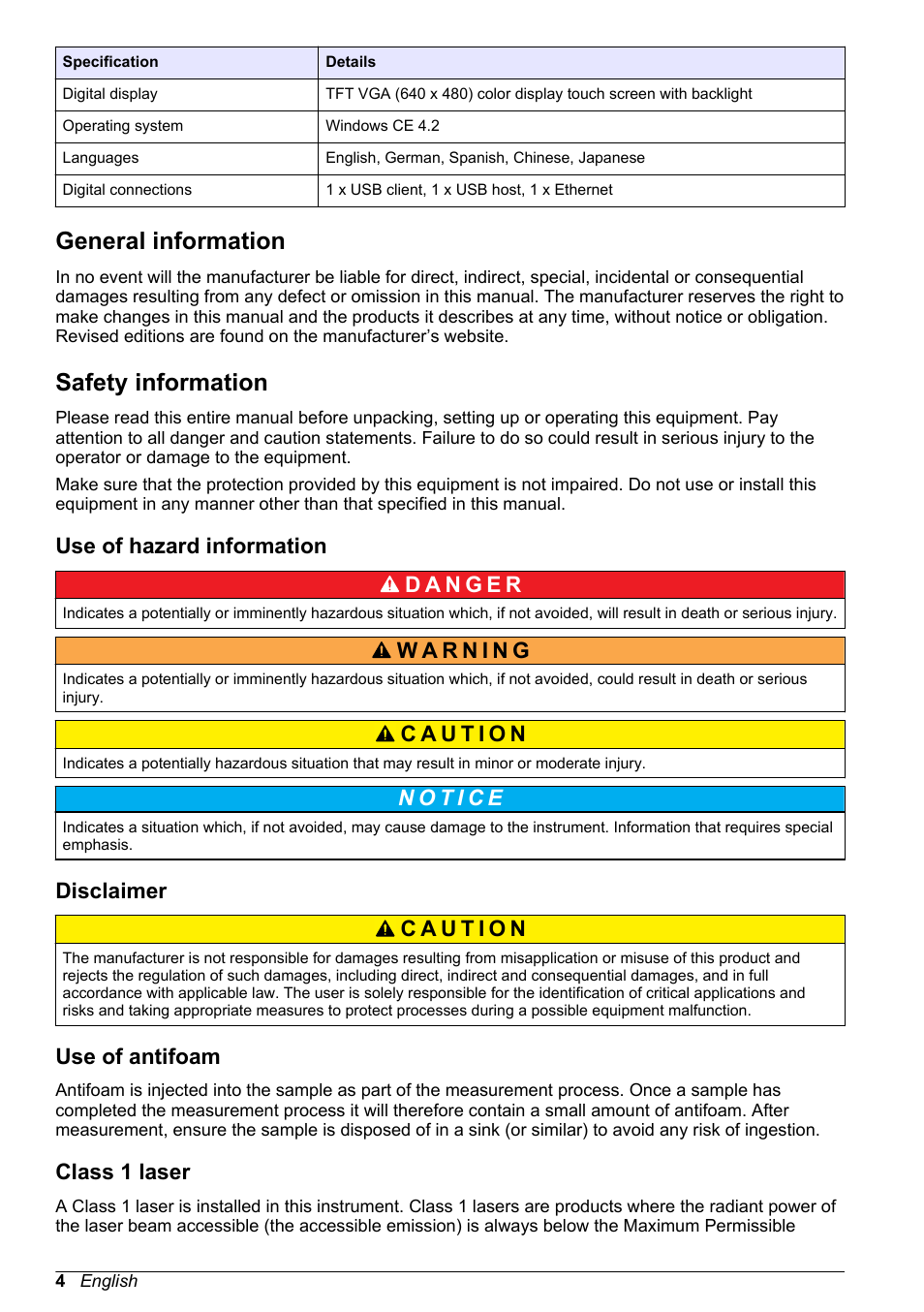General information, Safety information, Use of hazard information | Disclaimer, Use of antifoam, Class 1 laser | Hach-Lange ORBISPHERE 6110 Basic User Manual User Manual | Page 4 / 302