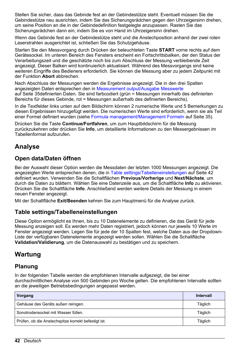 Analyse, Open data/‍daten öffnen, Table settings/‍tabelleneinstellungen | Wartung, Planung, Beziehen sie sich auf, Auf seite 42, Open data/daten öffnen, Table settings/tabelleneinstellungen | Hach-Lange ORBISPHERE 6110 Basic User Manual User Manual | Page 42 / 302