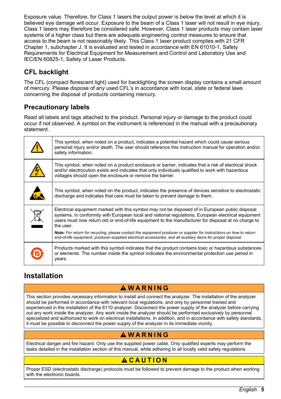 Cfl backlight, Precautionary labels, Installation | Hach-Lange ORBISPHERE 6110 Basic User Manual User Manual | Page 5 / 302