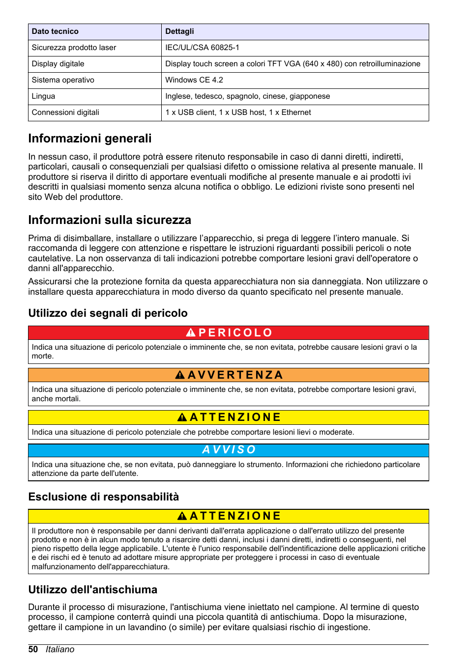 Informazioni generali, Informazioni sulla sicurezza, Utilizzo dei segnali di pericolo | Esclusione di responsabilità, Utilizzo dell'antischiuma | Hach-Lange ORBISPHERE 6110 Basic User Manual User Manual | Page 50 / 302