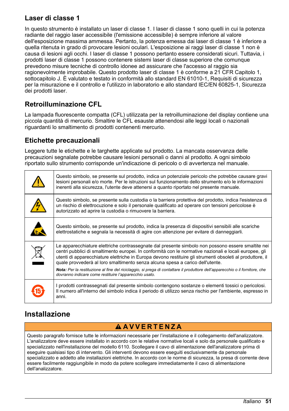 Laser di classe 1, Retroilluminazione cfl, Etichette precauzionali | Installazione | Hach-Lange ORBISPHERE 6110 Basic User Manual User Manual | Page 51 / 302