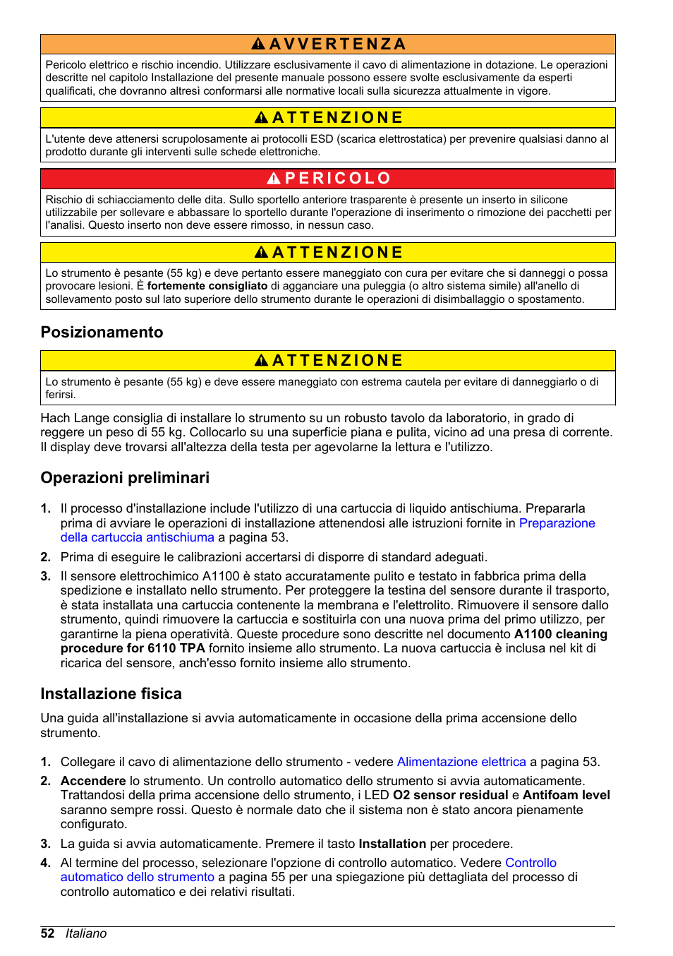 Posizionamento, Operazioni preliminari, Installazione fisica | Hach-Lange ORBISPHERE 6110 Basic User Manual User Manual | Page 52 / 302