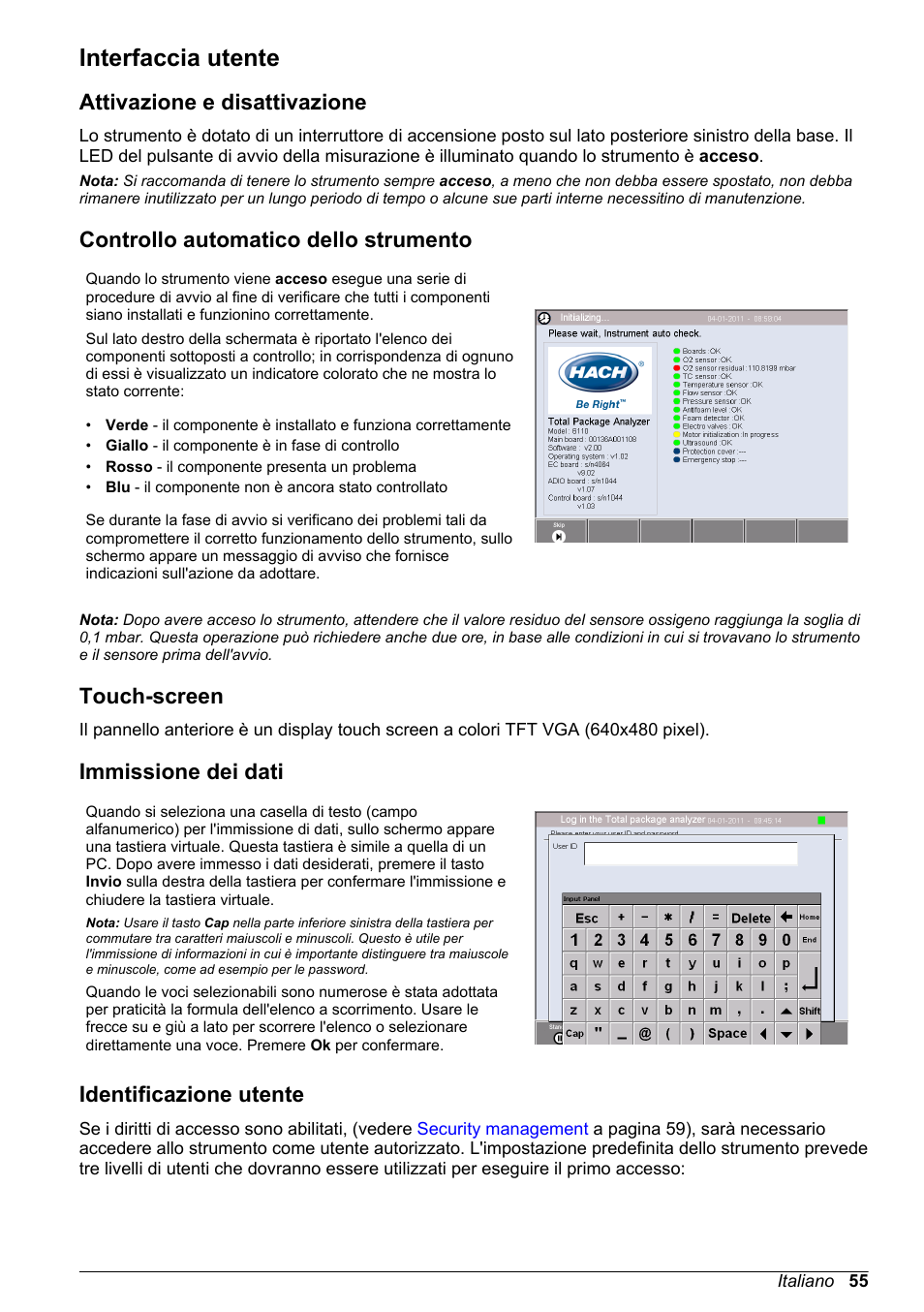 Interfaccia utente, Attivazione e disattivazione, Controllo automatico dello strumento | Touch-screen, Immissione dei dati, Identificazione utente, Controllo, Automatico dello strumento | Hach-Lange ORBISPHERE 6110 Basic User Manual User Manual | Page 55 / 302