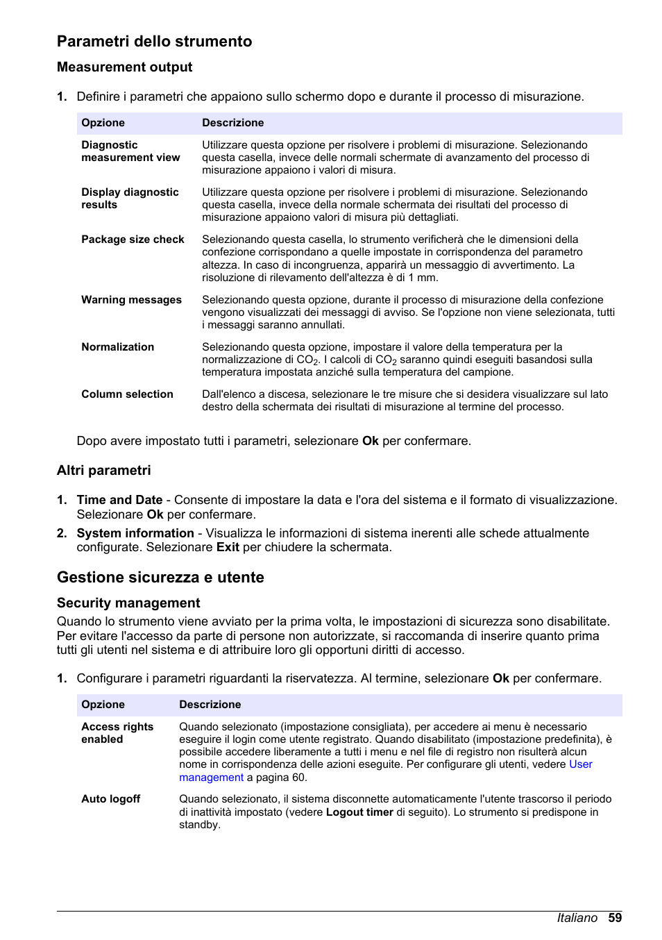 Parametri dello strumento, Measurement output, Altri parametri | Gestione sicurezza e utente, Security management, Gestione sicurezza e, Utente | Hach-Lange ORBISPHERE 6110 Basic User Manual User Manual | Page 59 / 302