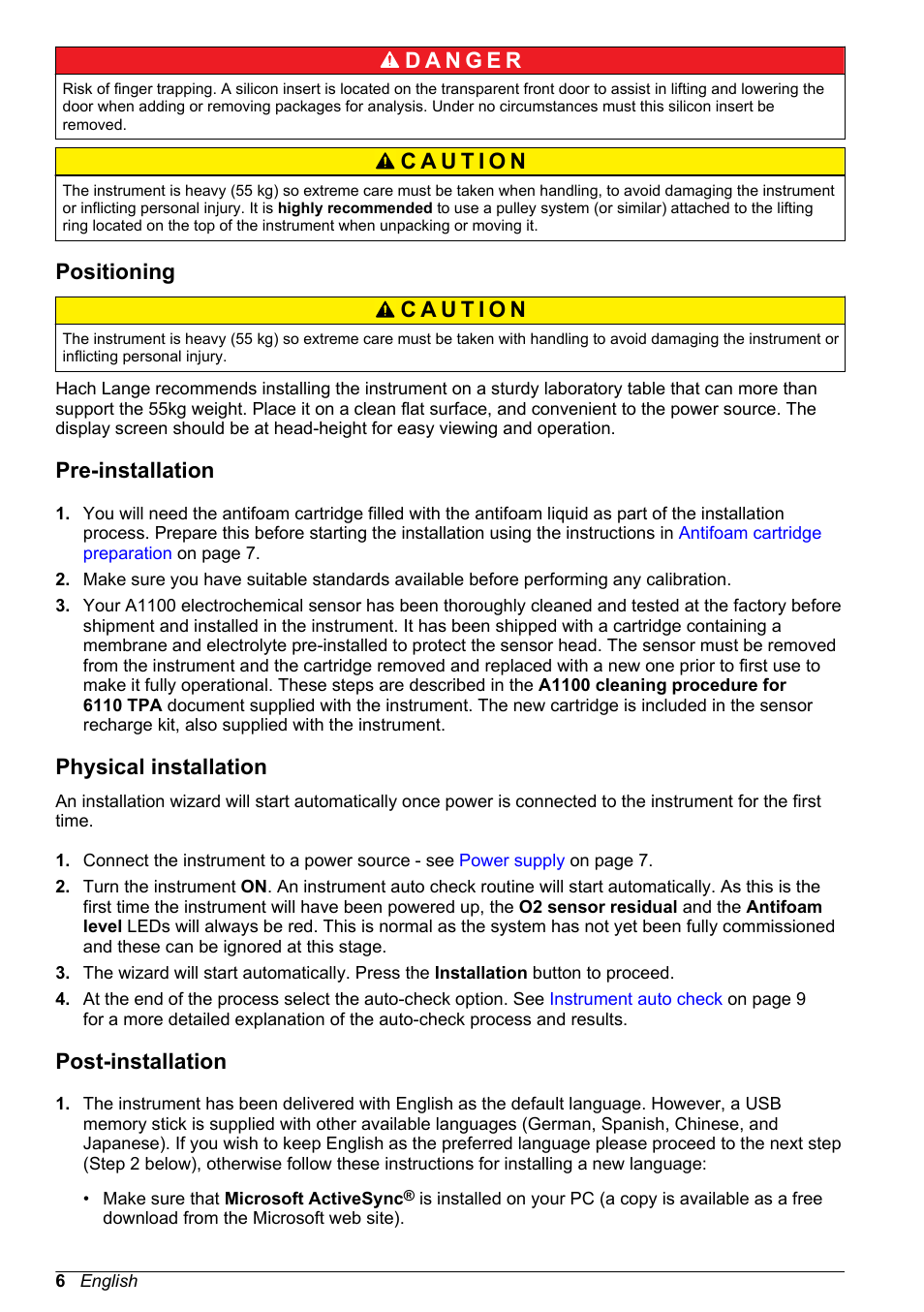 Positioning, Pre-installation, Physical installation | Post-installation | Hach-Lange ORBISPHERE 6110 Basic User Manual User Manual | Page 6 / 302